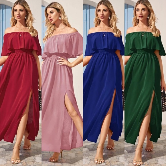 Off the shoulder ruffle maxi dress thigh slit - Picture 5 of 5
